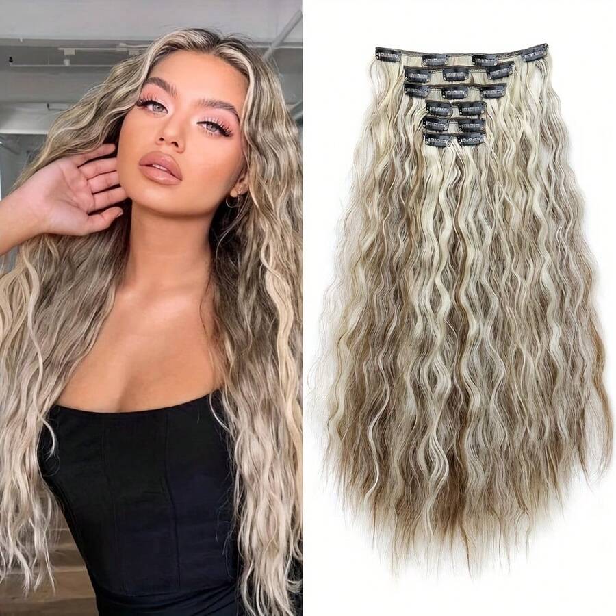 Clip In Hair Extensions,6PCS Hair Extensions Long Mermaid Waves Wavy Synthetic Clip On Hairpiece For Women 24 Inch Light Brown With Blonde Highlights - Blonde Brown 6H613 - View 1