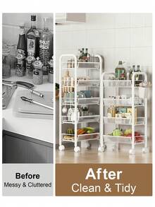 Storage Cart With Drain Basket, Mobile Shelving Unit Rolling Utility Cart, White Rolling Cart, Rolling Pantry Organizers, Kitchen Organizer, Organization For Living Room, Bathroom, Kitchen Office, Black, Home Decor, Party & Christmas Storage - 白色 - 查看 2