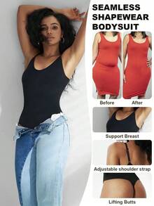 1pc Women Seamless Shaping Bodysuit With Thong Bottom, Slimming Bodyshaper Tummy Control Flat Belly Sheath Jumpsuit Shapewear Waist Trainer Shaper - 黑色 - 查看 2