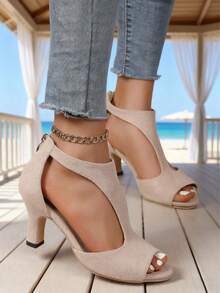 2026 Hot Women's T-Strap High Heel Sandals, Open-Toe Solid Color, Non-Slip Sole For Wedding Party & Daily Matching - 米色 - 查看 6