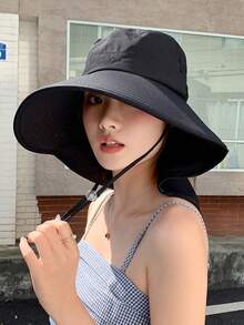 1pc New Neck-Protecting Sun Hat, Women's Sun, Face & UV Protection, Large Brim For Summer, Spring & Autumn Outdoor Bucket Hat, Suitable For Outdoor Sports & Gatherings, Solid Color Casual Polyester Fall