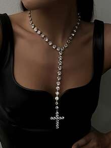 Luxury Fully Rhinestone Zirconia Cross Pendant Necklace, Suitable For Party, Wedding, Sparkling Necklace Accessory