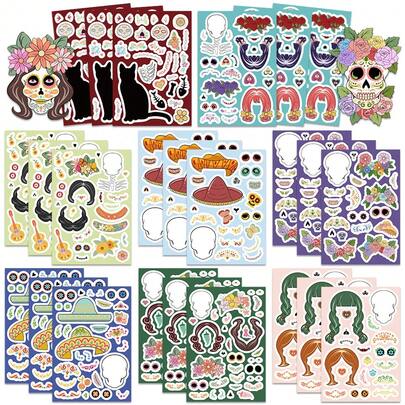8 Peças Adesivos de Mudança de Rosto do Dia dos Mortos Mexicano DIY para Caderno, Diário, Mala, Skate, Motocicleta, Presentes para Amigos, Brinquedos