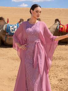 GIFORU Luxury Lavender Embroidered And Sequined Gown - Sheer Cape With Open Back & Belt Accent For Red Carpet Events, Opera Galas And Charity Balls - 藕粉色 - 查看 2