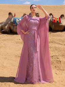 GIFORU Luxury Lavender Embroidered And Sequined Gown - Sheer Cape With Open Back & Belt Accent For Red Carpet Events, Opera Galas And Charity Balls - 藕粉色 - 查看 6