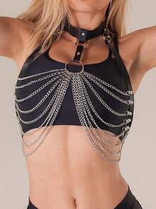 1 pièce Harnais chaîne de corps Lingerie sexy Femmes Soutien-gorge chaîne sexy en PU Haut harnais cage pour femmes Cosplay - Noir - Voir 9