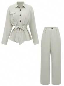 女士休闲时尚秋冬新款纯色复古长袖单扣优雅系带上衣搭配阔腿裤套装，完美适用于办公室、工作和聚会场合。秋季女装，冬季女装，复古女装 - 淺灰色 - 查看 3
