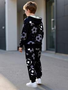 2pcs/Set Boys' Football Print Hoodie Sweatshirt And Casual Sweatpants Outfit, Comfortable And Stylish For Outdoor, Spring/Autumn - Black - View 3
