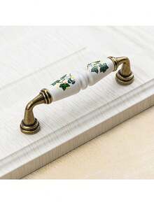 4/6pcs Rustic Ceramic Cabinet Handle With Green And Brown Floral Pattern-Antique Bronze Finish, Country Style Cabinet Door And Drawer Furniture Knob