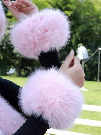 1 par de muñequeras decorativas de piel de conejo falsa para mujeres