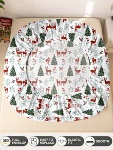 1pc Christmas Bow Reindeer Christmas Tree Print Fitted Sheet, Bedding, Fitted Sheet, Mattress Cover, Soft Comfortable Bedroom Mattress Protector, Fitted Sheet Only, Machine Washable - Multicolor - View 9