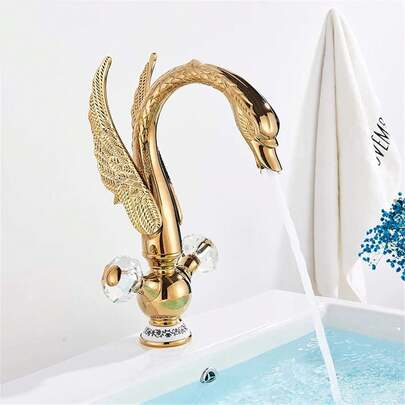 Bathroom Faucet Swan Shape Soild Brass Vanity Sink Faucet Modern Dual Handle Deck Mount Bathroom Sink Faucet Hot Cold Water Mixer Tap