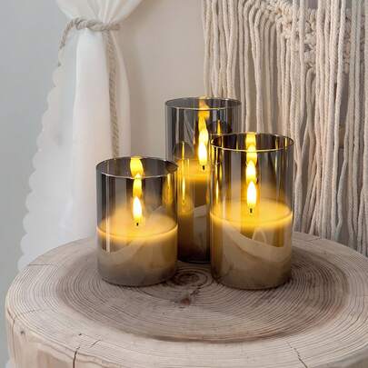 3 piezas de velas sin llama con control remoto y temporizador: Vela pilar LED de 3D con batería, juego de velas artificiales de acrílico irrompible para decoración del hogar, ambiente romántico - Gris, velas artificiales, decoración de velas, velas de Halloween, velas pequeñas, baterías para velas, iluminación ambiental, decoraciones navideñas, decoración moderna de velas, diseño pulido, plástico duradero, diseñadores de interiores, compradores navideños