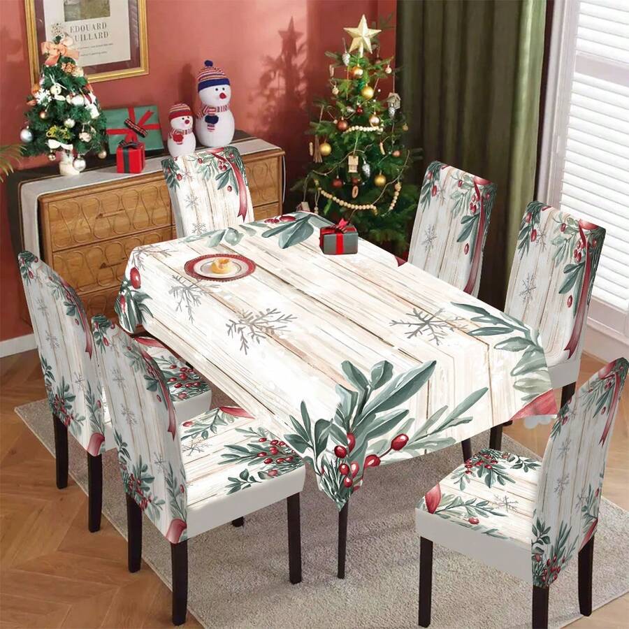 1/4/5/6/7/36 piezas Hojas verdes, bayas rojas, copos de nieve y cinta roja de Navidad, conjunto de fundas de silla/asiento con estampado de textura de madera falsa, adecuado para uso en interiores, hogar, restaurante, hotel, ideal para decoración diaria moderna. El mantel se ajusta a la mesa de comedor cuadrada, las fundas de silla elásticas son lavables. - Multicolor - Ver 1