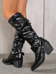 Women's Black Fashion Mid-Calf Boots, Single-Lined, Spring/Autumn Dress Boots, New Buckle Design, European & American Niche, Thick Heel, Thick Sole, Lightweight, Western Ruched, Autumn/Winter Retro Motorcycle Boots, Slimming Riding Boots