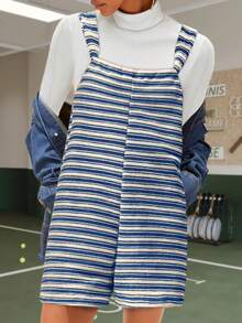 Womens Fall Striped Romper Sleeveless Loose Fit Jumpsuit Tied Shorts With Pockets Outdoor Casual Out - 藍色 - 查看 2
