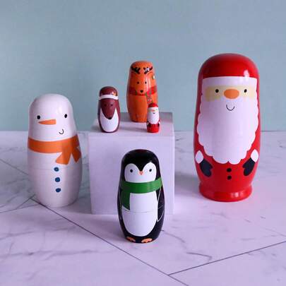 Six-Layer Santa Claus Russian Nesting Doll, Wooden Painted Handicraft, Children's Christmas Holiday Gift, Winter Cartoon Ornament.
