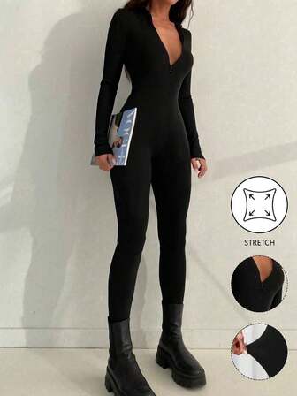 Ny casual sportig mångsidig dragkedja med rund hals, höstkläder för kvinnor, jumpsuits för kvinnor