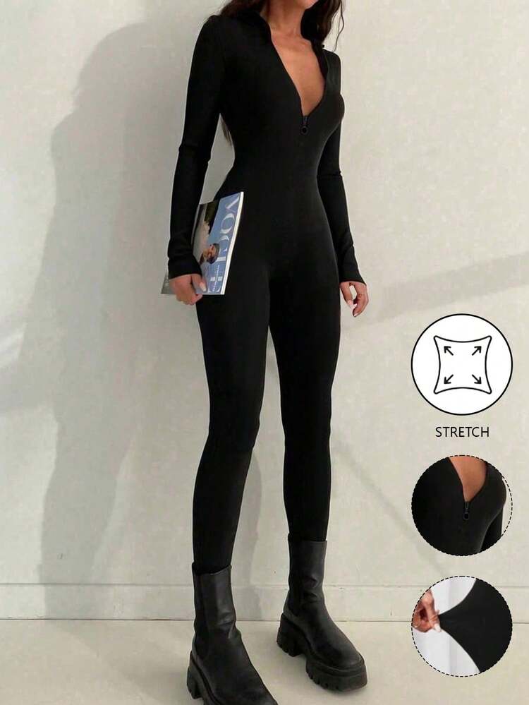 New Casual Sports Versatile Zipper Design Round Neck Bodysuit, Autumn,Fall Clothes For Women,Jumpsuits For Woman - Black - View 10