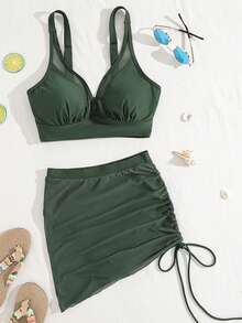 Womens Swim Skirt High Waisted Bikini Sets Tummy Control Swimsuits Mesh Sarong Wraps Bathing Suits - 軍綠色 - 查看 1