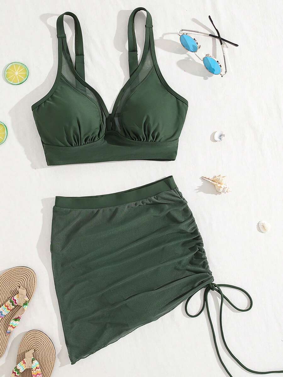 Womens Swim Skirt High Waisted Bikini Sets Tummy Control Swimsuits Mesh Sarong Wraps Bathing Suits - 軍綠色 - 查看 1