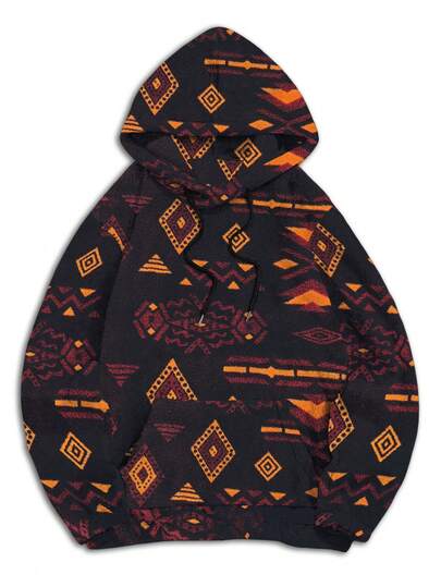 Herren Totem Muster Kapuzen Fleece Sweatshirt, Halloween Farben, Herbst/Winter, Langarm Oberteil