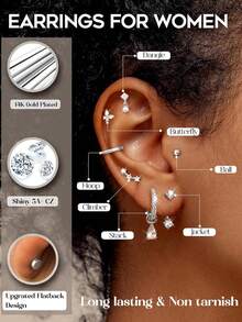11Pairs Hypoallergenic Flat Back Earrings For Women -Silver Surgical Steel Earring Stacks Set | Small Stud & Hoop For Cartilage, Helix, Tragus | Multiple Piercing Comfort Jewelry Silver - 銀色 - 查看 4
