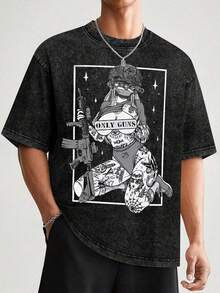 Men's Retro Washed Vintage Short Sleeved T-Shirt, Military Style Gun Anime Tattoo Girl, Street Loose Short Sleeved Shirt004 - 黑色 - 查看 2