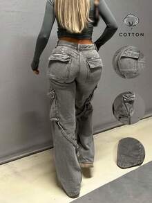 女士美式时尚水洗修身工装牛仔裤，休闲春季款 - 淺灰色 - 查看 3