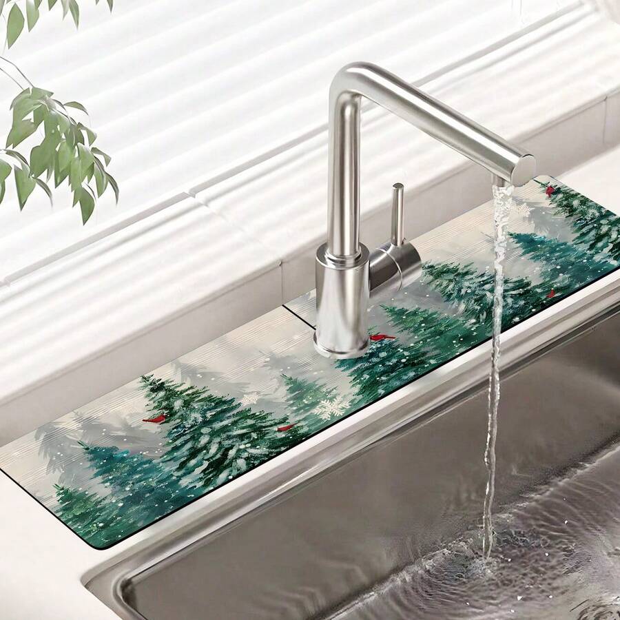 1 buc Covoraș de Stropire cu Temă de Crăciun, Covoraș de Picurare pentru Chiuveta de Baie de Acasă, Design de Reni și Brad de Crăciun, Potrivit pentru Diverse Robinete, Fabricat din Material de Cauciuc cu Gel de Siliciu - Multicolor - Vizualizare 1