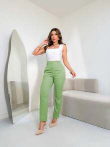 MODA MO, REF: 3283 Women's Tailored Pants, High Waist, With Pockets, Formal, Modern, Elegant, New Collection, Style, Comfortable, Quality Fabric, Sophisticated Look, Versatile, Casual, For Work, Occasional, Women's Fashion Piece, Contemporary Style, Available For Purchase Throughout The Country - 綠色 - 查看 3