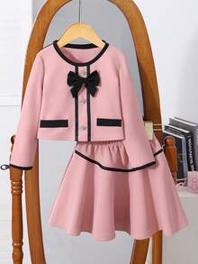 2 Stücke/Set Modisches, elegantes Jacken- und Farbblock-Rock-Set für Kleine Mädchen, Herbst/Winter