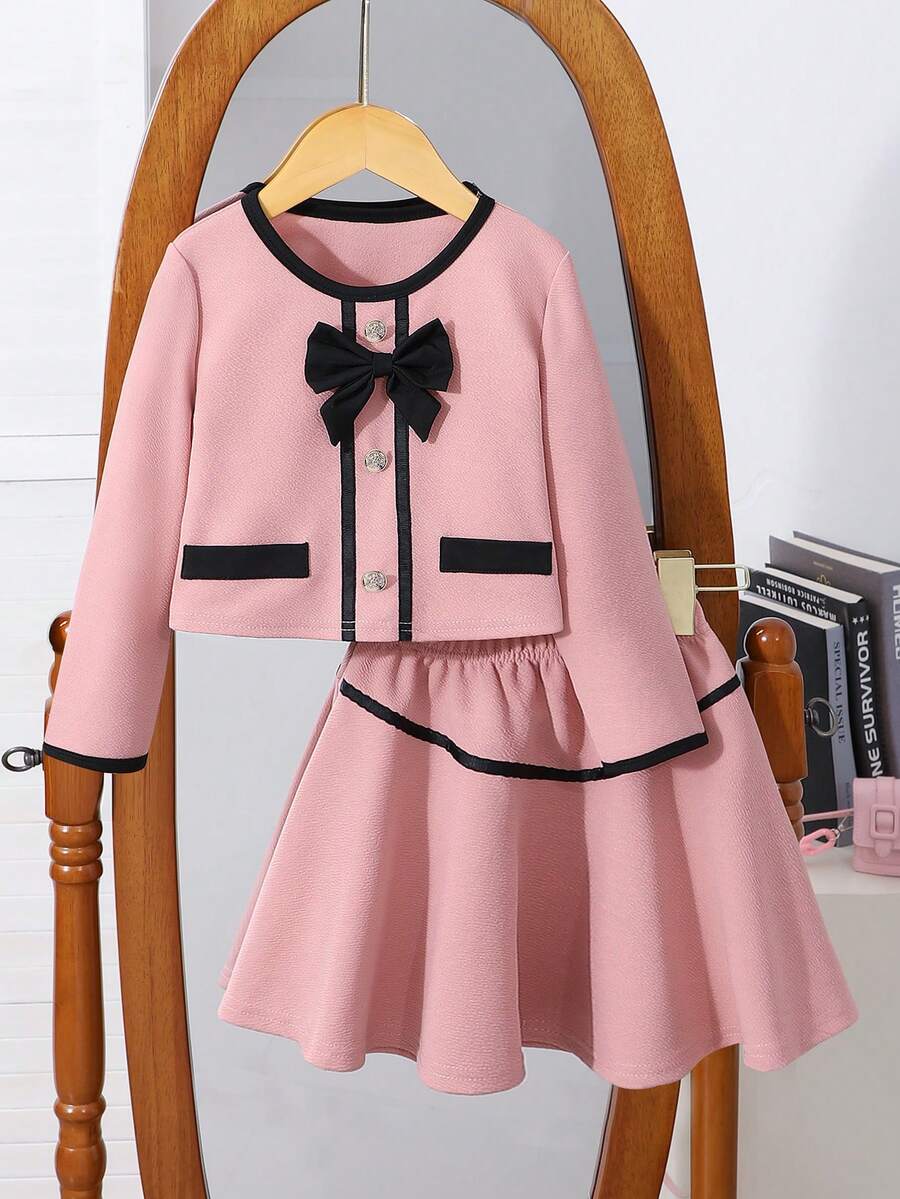 2 Stücke/Set Modisches, elegantes Jacken- und Farbblock-Rock-Set für Kleine Mädchen, Herbst/Winter