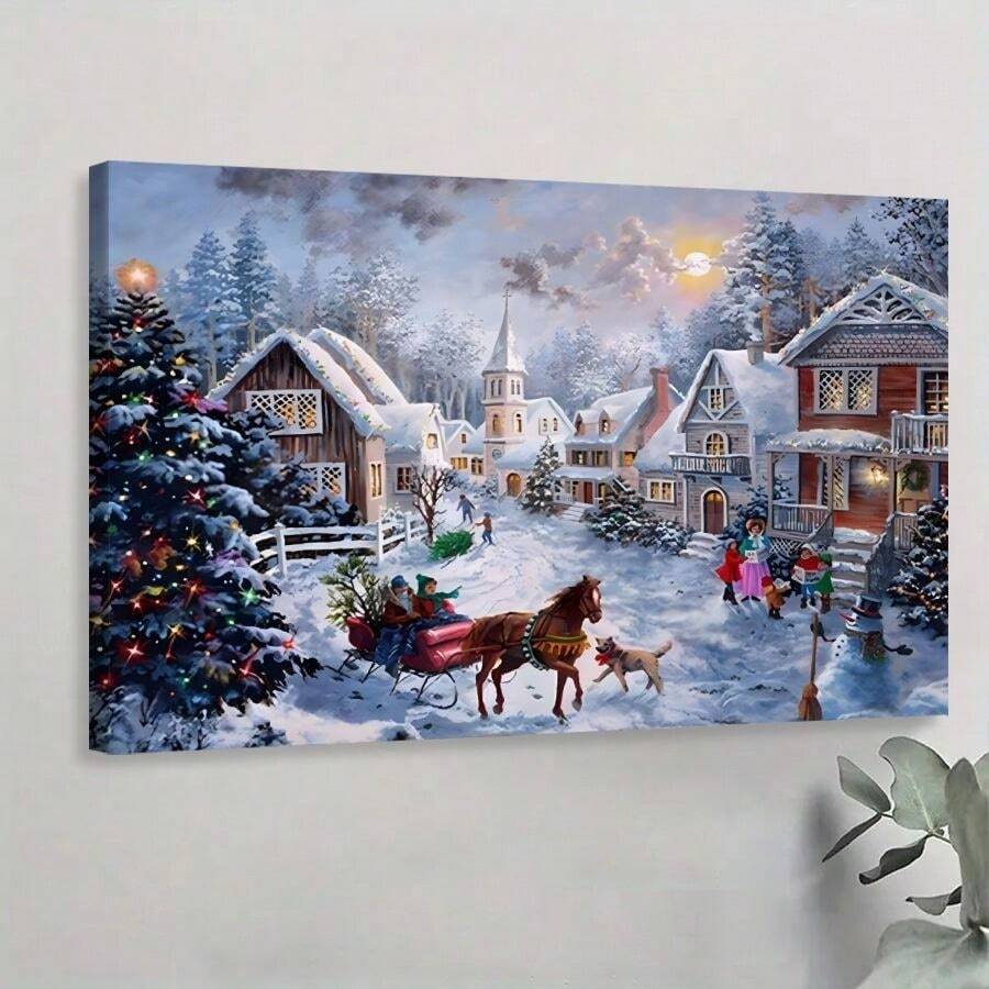 1pc Solid Wood Frame Christmas Snow Scene, Cozy Home, Classic Romantic Style Theme Canvas Posters & Prints, Large Canvas Wall Art, 2D Flat, Easy Hang Tabletop Or Wall Display, For Halloween, Christmas Gifts, Bedroom, Living Room, Decoration Ready To Hang - 彩色 - 查看 1