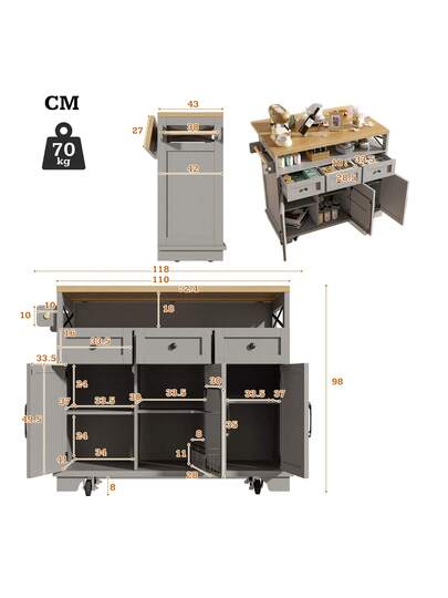 Sairedel Mobile Kitchen Isl Wheels Wood Grain 118x43 80x98 Cm, Grijs Multifunctional Storage Space, Removable Dividers Towel Rack Practical Dining Cart Cabinet view 7