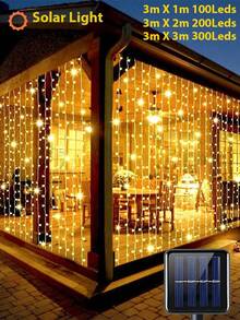 Cortina de luz solar LED para exterior, guirlanda com 8 modos, luz de corda de fada solar, 100 LEDs, 200 LEDs, 300 LEDs, luz de corda de fio de cobre solar, pavilhão, jardim, janela, parede, festa de Halloween, casamento, feriado, decoração de Natal, lâmpadas de fio de cobre