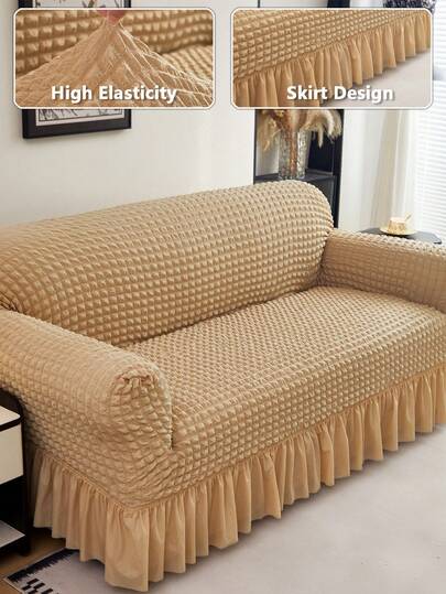 1件纯色弹力沙发套，柔软泡泡雪纺面料，带裙边，现代简约风格，适用于客厅、卧室、户外沙发、L型组合沙发垫套，1/2/3/4人座，家居装饰沙发套