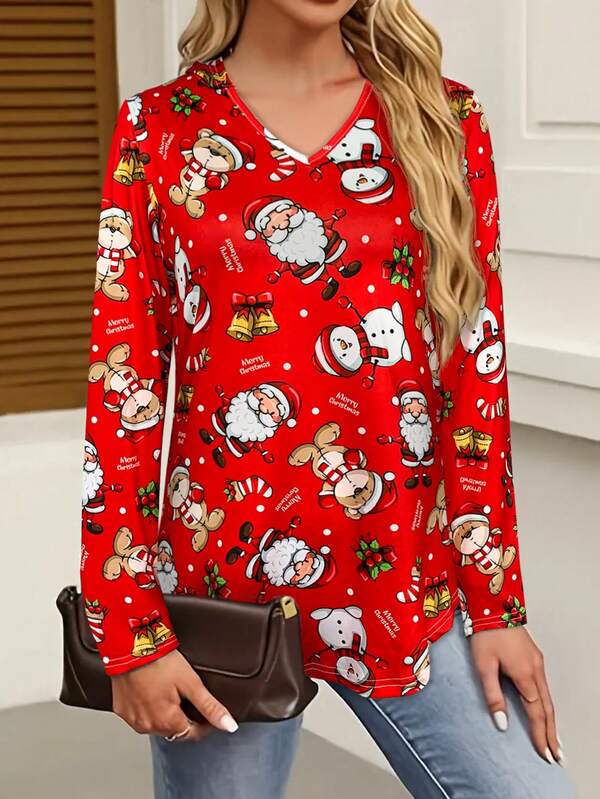 Damen Süßer Weihnachts-Weihnachtsmann & Schneemann Muster Langarm V-Ausschnitt T-Shirt, Lässiges Festliches Oberteil für die Feiertage, Weihnachts Langarm Kapuzen T-Shirt für Damen, Modisches Weihnachtsoutfit für Damen, Tägliche Weihnachtskleidung für Damen