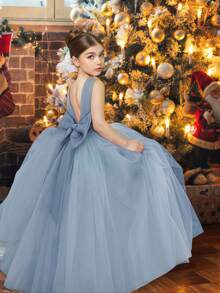 Girls' Elegant Bowknot Pearl Backless Dress, Princess Gown For Flower Girl, Birthday Party, Wedding, Prom, Christmas