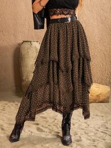 Rusttydustty Chân váy nữ màu nâu chấm bi, dáng bất đối xứng, xếp lớp, kiểu retro lãng mạn, thích hợp cho kỳ nghỉ, lễ hội âm nhạc và các bữa tiệc khác. - màu nâu - Xem 3