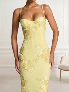 Women's Cream Yellow Shiny Floral Embroidered Elegant Sexy Party 3D Floral Backless Slip Dress For Evening Date, Anniversary, Graduation Party, Formal Gala - Yellow - View 6