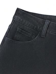 复古蓝色休闲阔腿牛仔裤，女士新款春夏宽松显瘦直筒裤，黑色 - 黑色 - 查看 8