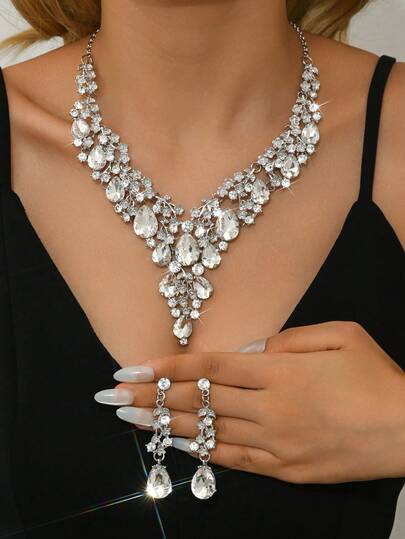 3pcs/Set High End And Atmospheric Bridal Accessories, Wedding Crystal Necklace, Earring Set, Silver, Gold, Dark Blue, Red, AB Color, Black Exaggerated Chain Bridal Accessories, Wedding Dresses, Parties, Stage Accessories (Multiple Color Choices)