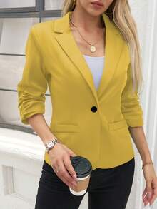 2026 Early Spring Curated Collection Women's Vestidos De Fiesta Elegantes Christmas Outfit Winter Clothes For Women Casual Blazers Open Front Long Sleeve Work Office Suit Jackets Blazer Business Casual Outfits Clasi Solid Color Casual Jacket With Gathered Cuffs, Spring & Autumn,Teacher Outfits For Women Ruched-Sleeve Statement Outerwear,Elegant Commute Blazer Vibrant Statement Style,Polished Retro Vibe,Everyday Eye-Catching Piece Tailored Waist-Fitted Silhouette,Ruched-Sleeve Detail,Minimalist Lapel Collar Basic-Item Color-Contrast Pairing,Dual Office-Date Wear,High-Saturation Hue To Elevate Looks Ruched-Sleeve Design Detail,Tailored Slightly Waist-Fitted,Minimalist Button-Free Silhouette Basic Pieces Balance Bold Hues,Blazer + Casual Wear Mix-And-Match,Office-Date Scene Transition - Màu vàng - Xem 4