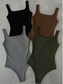 Kit 4 Bory Bodi Leotard Tank Top Thick Strap Casual Second Skin Fashion Women's Female P M G GG - 灰色/綠色/黑色/棕色 - 查看 1