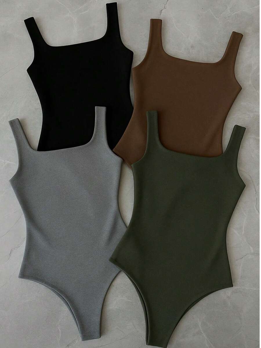 Kit 4 Bory Bodi Leotard Tank Top Thick Strap Casual Second Skin Fashion Women's Female P M G GG - 灰色/綠色/黑色/棕色 - 查看 1