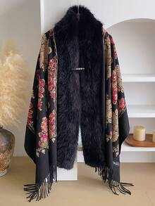 一件优雅宫廷刺绣图案围巾毛领披肩，波西米亚风格设计，保暖装饰刺绣围巾毛领披肩斗篷，附赠1枚珍珠胸针，时尚保暖配饰，女士完美礼物，适合日常穿着。 - 黑色 - 查看 5