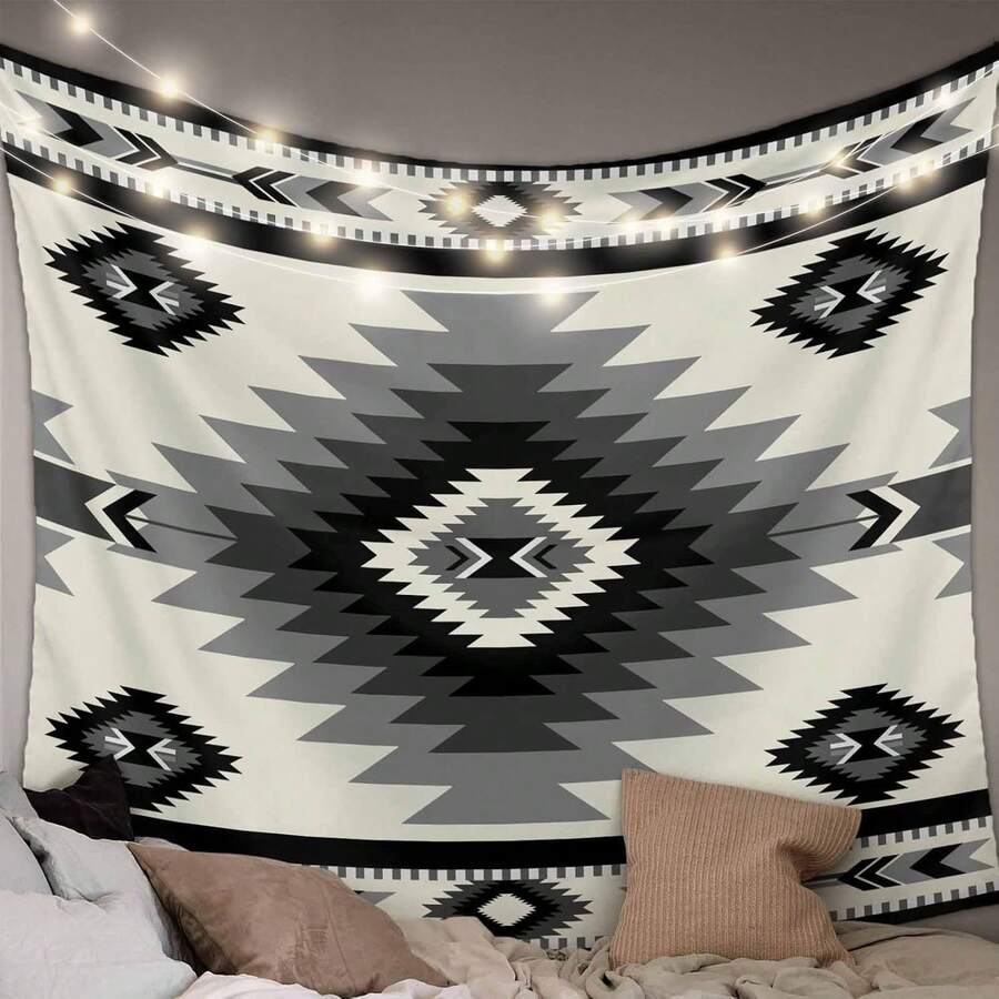1pc Southwestern  Art Tapestry Wall Hanging - Vintage Geometric Gray & Black Design, High-Quality Fabric, Horizontal Indoor Wall Decor For Bedroom, Living Room, Dorm, Western Home Decor - 豐富多彩的 - 查看 1