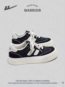 WARRIOR Damen sportliche junge Sneaker mit dicker Sohle aus Segeltuch, Farbblockdesign, modisch, Schnürung, Niedrigschaft, rutschfest, schmutzabweisend, Freizeitschuhe - Schwarz - Übersicht 7