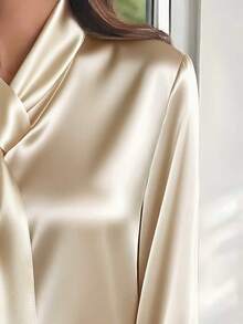 女士优雅长袖系带衬衫，适合约会和社交场合 - 香檳色 - 查看 3